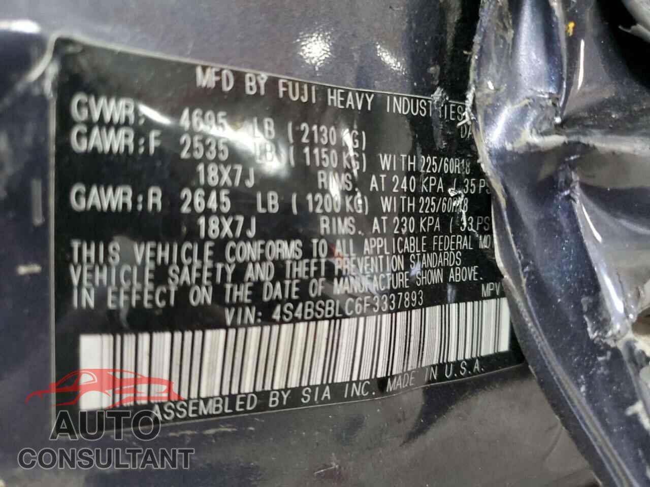 SUBARU OUTBACK 2015 - 4S4BSBLC6F3337893
