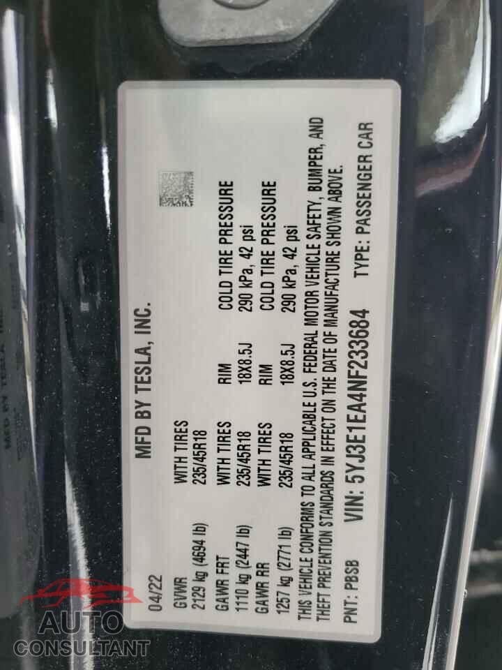 TESLA MODEL 3 2022 - 5YJ3E1EA4NF233684