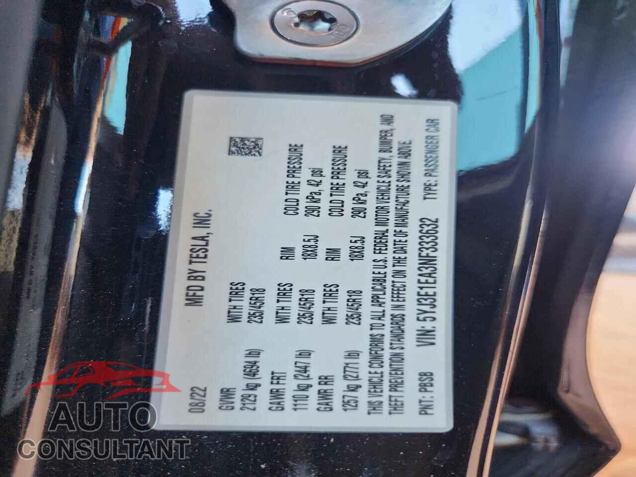 TESLA MODEL 3 2022 - 5YJ3E1EA3NF333632