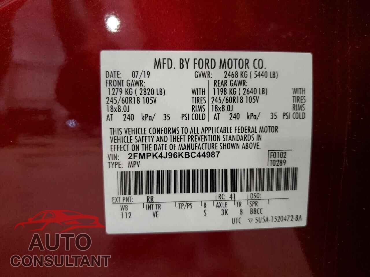 FORD EDGE 2019 - 2FMPK4J96KBC44987