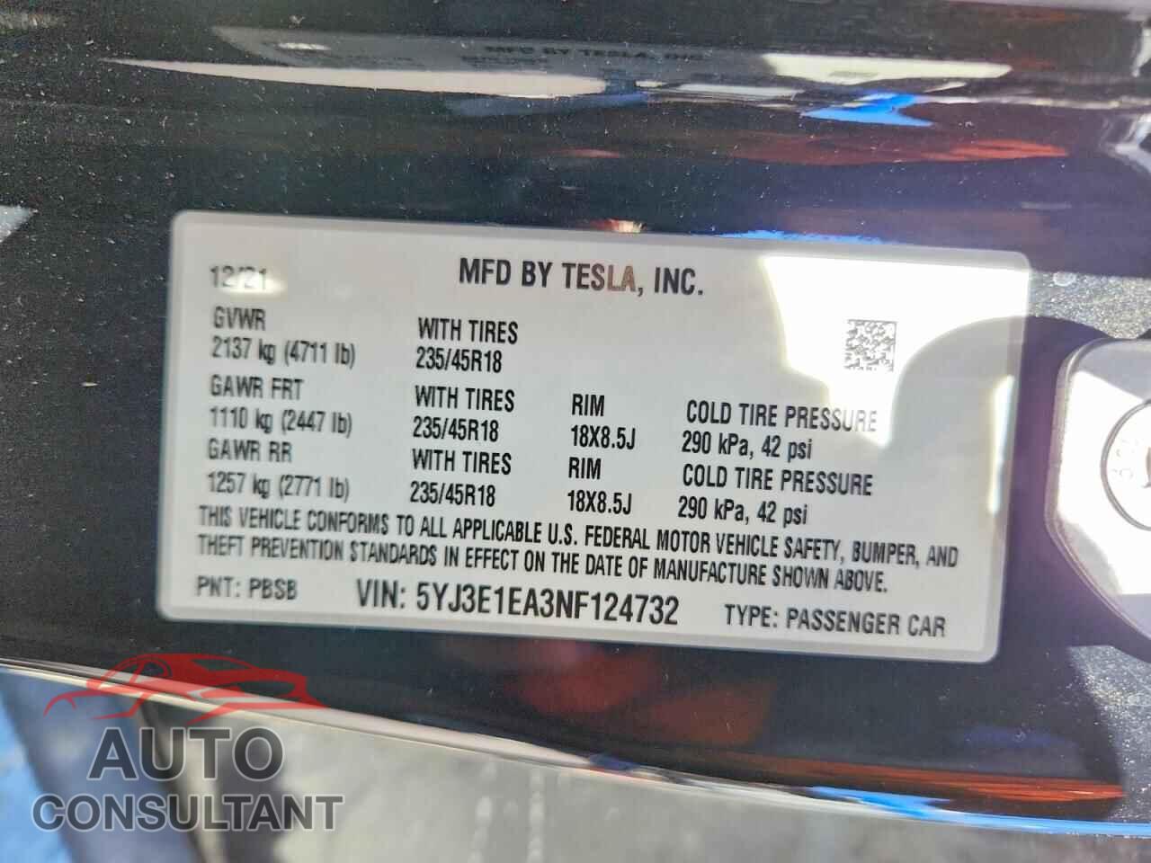 TESLA MODEL 3 2022 - 5YJ3E1EA3NF124732