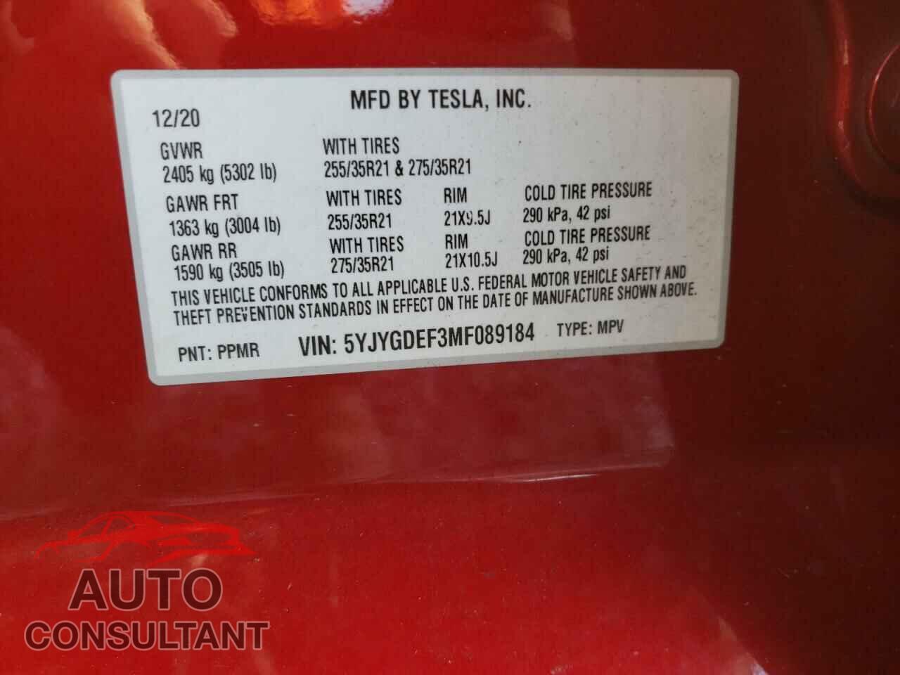 TESLA MODEL Y 2021 - 5YJYGDEF3MF089184
