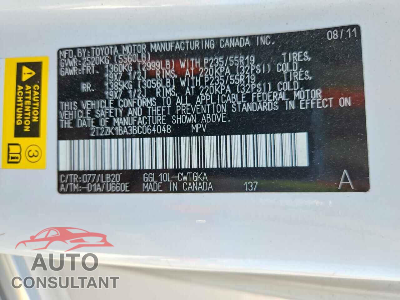 LEXUS RX350 2011 - 2T2ZK1BA3BC064048