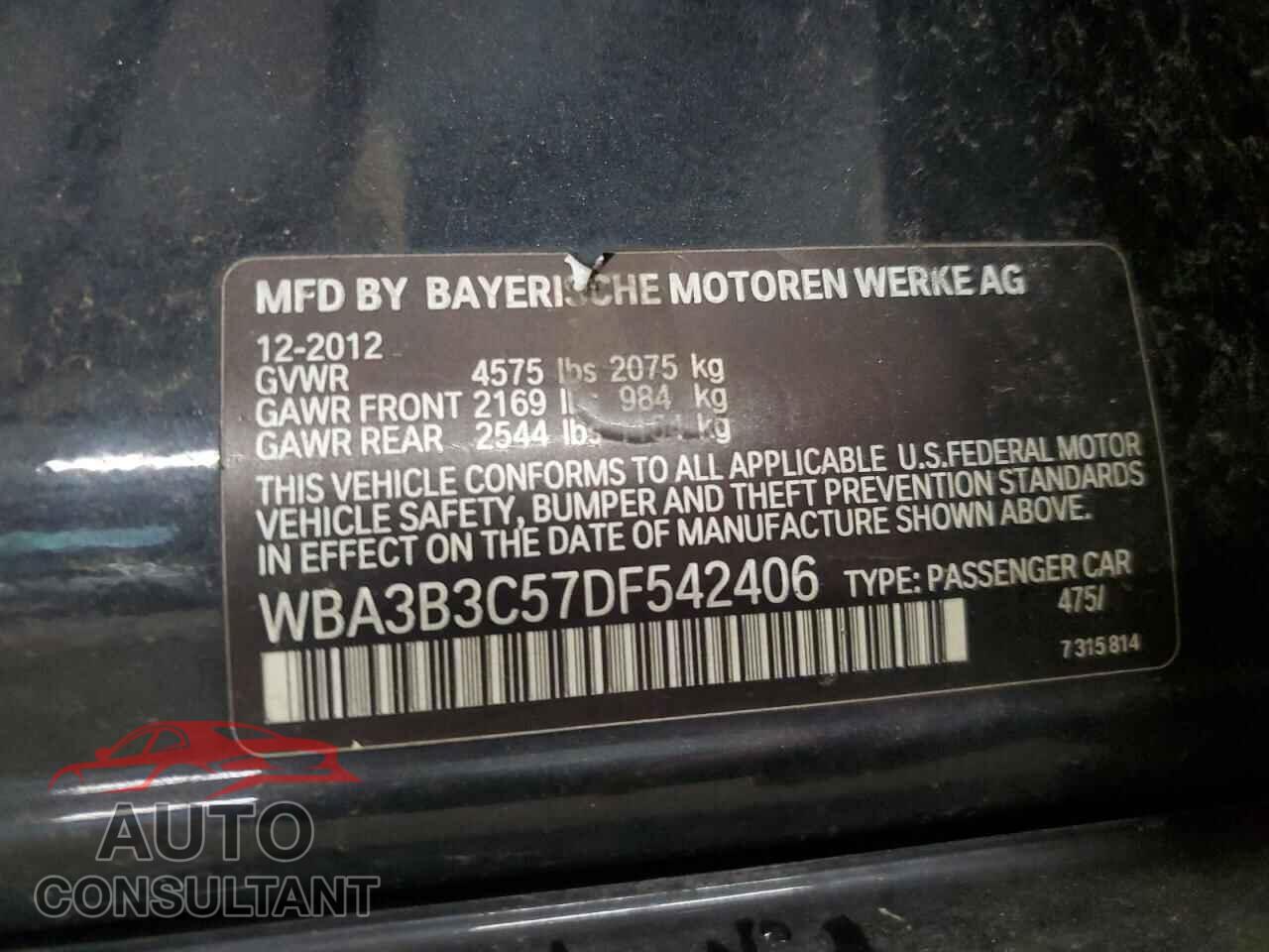 BMW 3 SERIES 2013 - WBA3B3C57DF542406