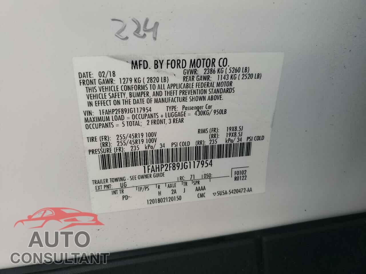 FORD TAURUS 2018 - 1FAHP2F89JG117954