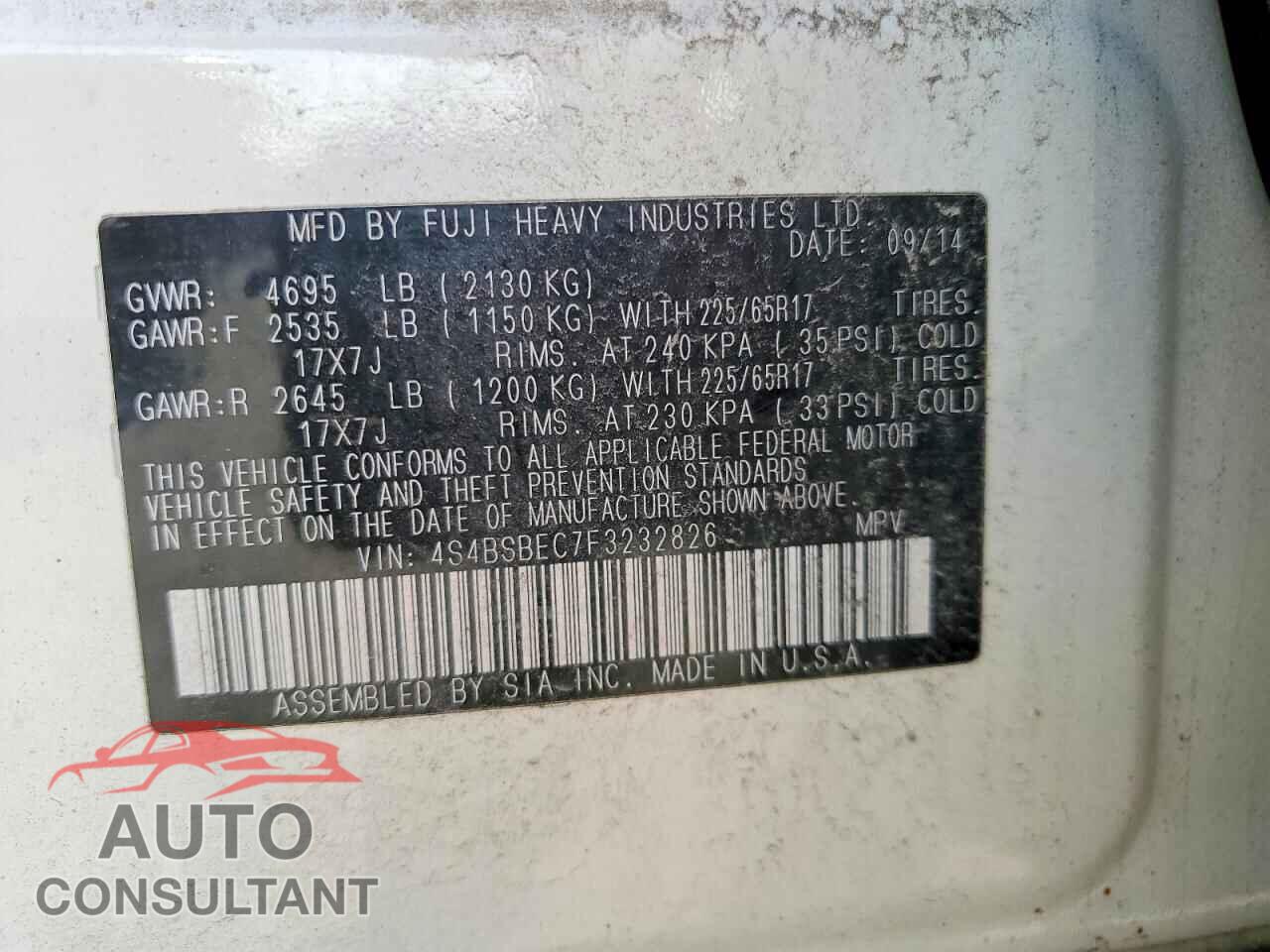 SUBARU OUTBACK 2015 - 4S4BSBEC7F3232826