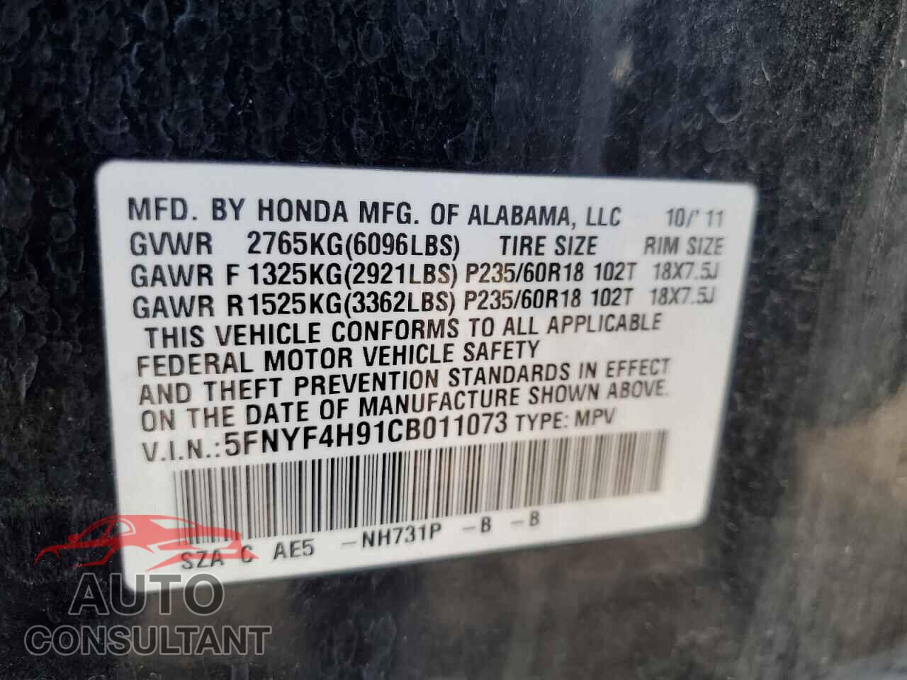 HONDA PILOT 2012 - 5FNYF4H91CB011073