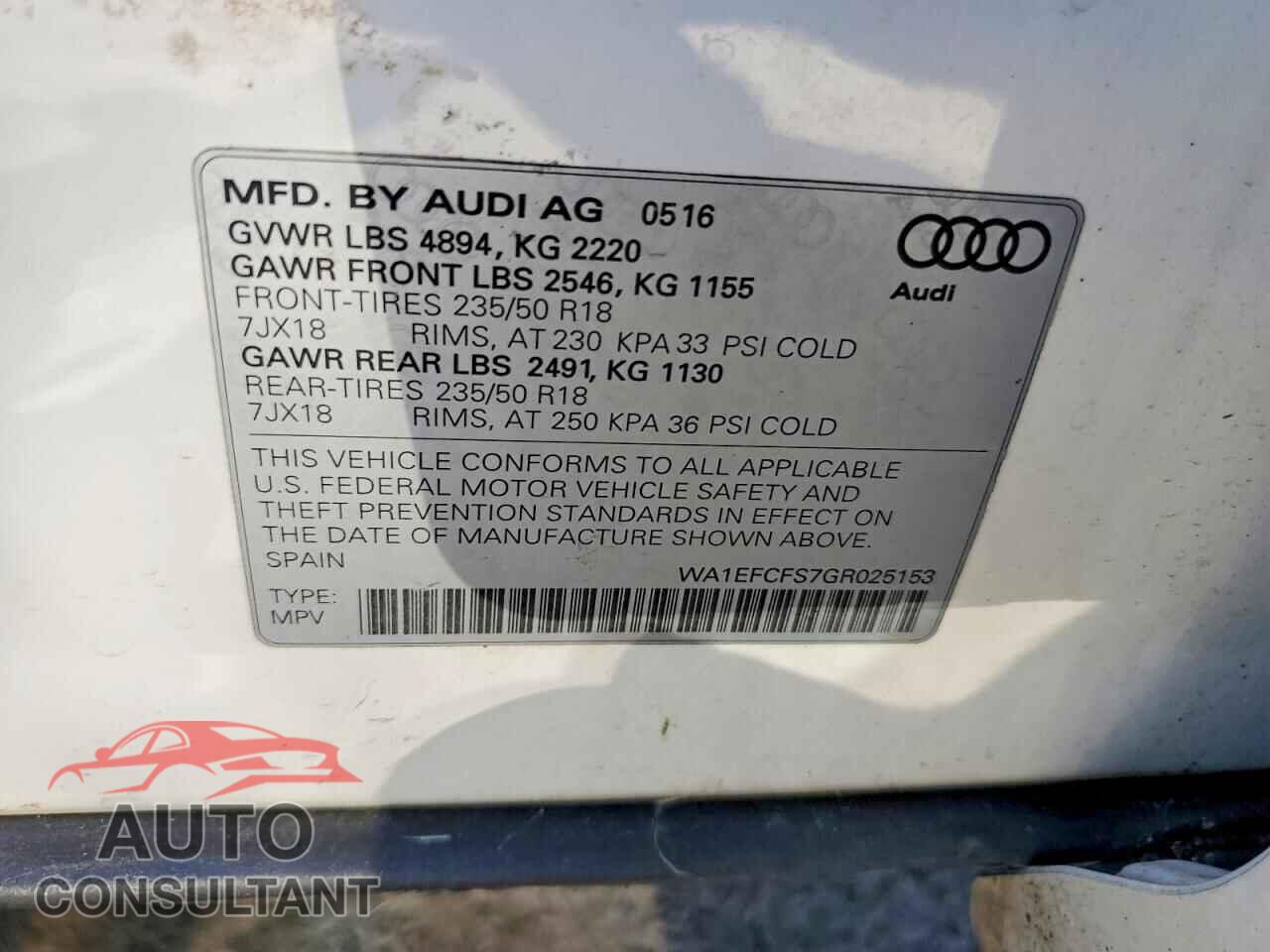 AUDI Q3 2016 - WA1EFCFS7GR025153