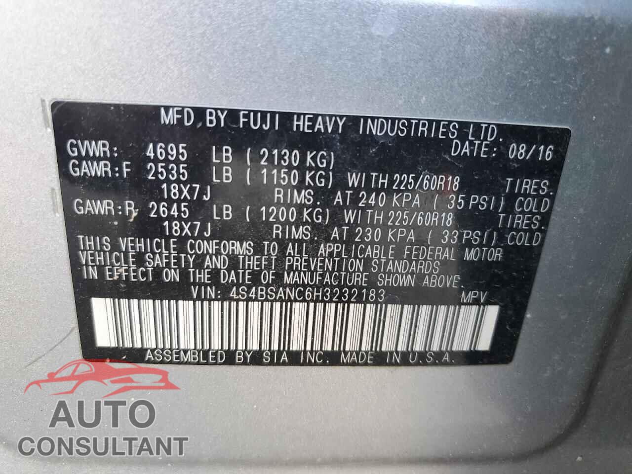 SUBARU OUTBACK 2017 - 4S4BSANC6H3232183