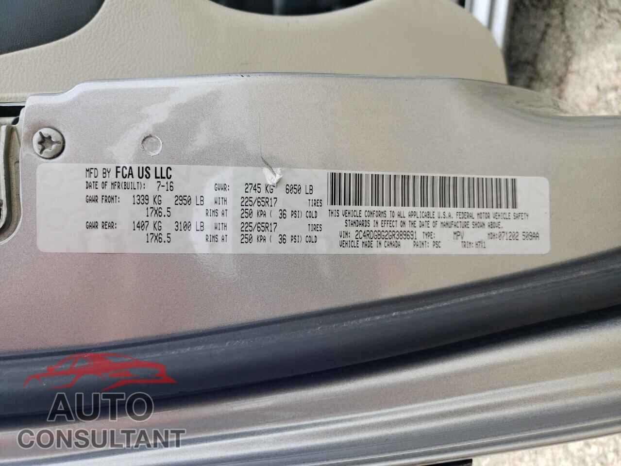 DODGE CARAVAN 2016 - 2C4RDGBG2GR389691