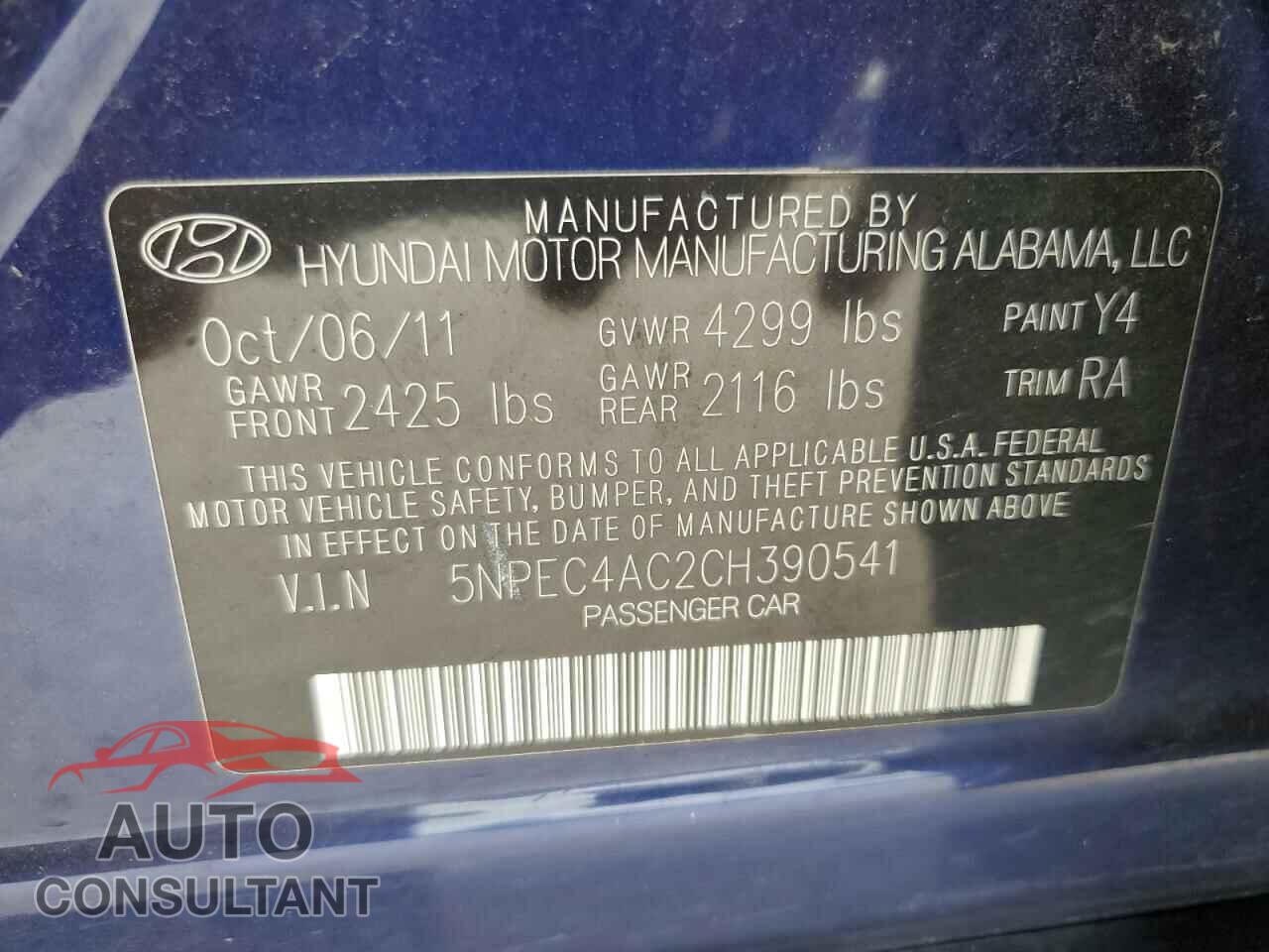 HYUNDAI SONATA 2012 - 5NPEC4AC2CH390541