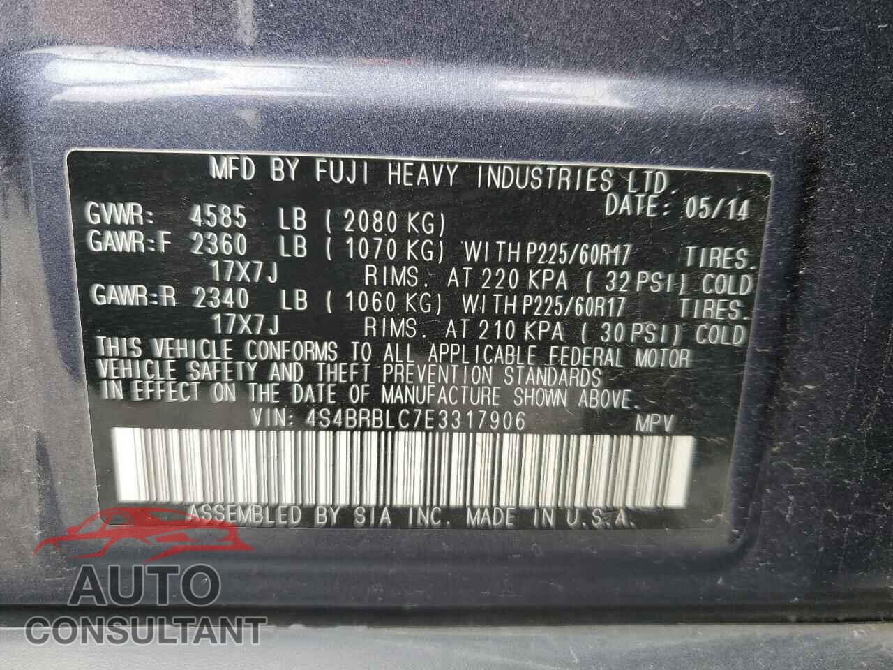 SUBARU OUTBACK 2014 - 4S4BRBLC7E3317906