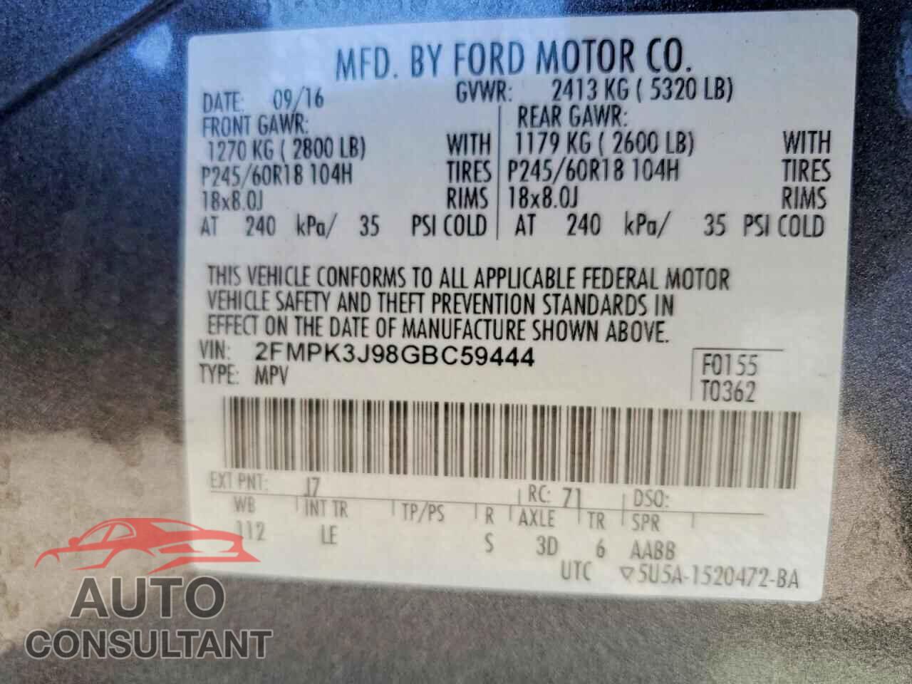 FORD EDGE 2016 - 2FMPK3J98GBC59444