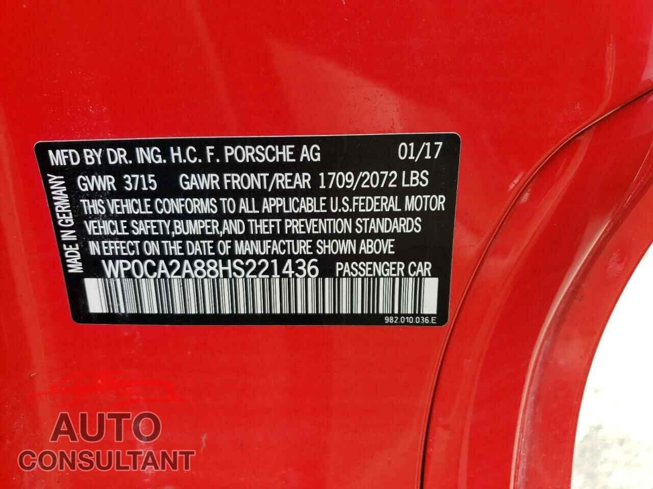 PORSCHE BOXSTER 2017 - WP0CA2A88HS221436