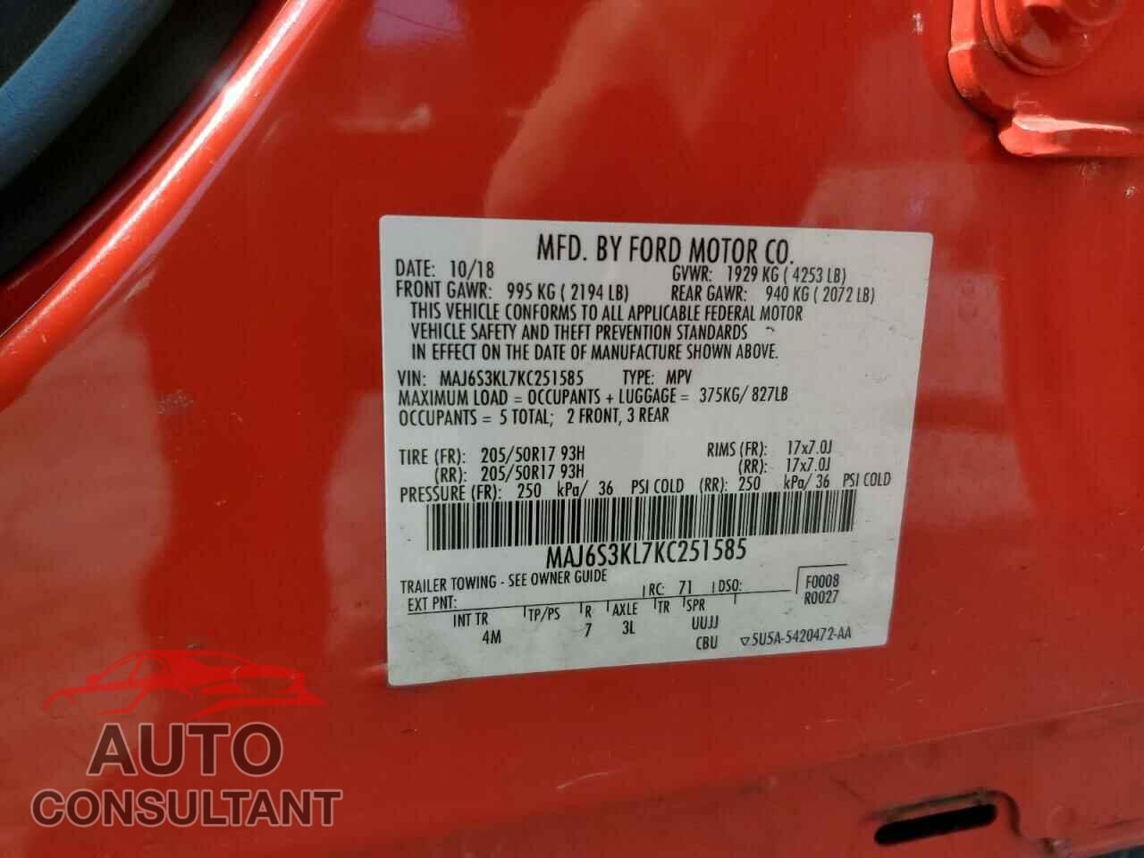 FORD ECOSPORT 2019 - MAJ6S3KL7KC251585