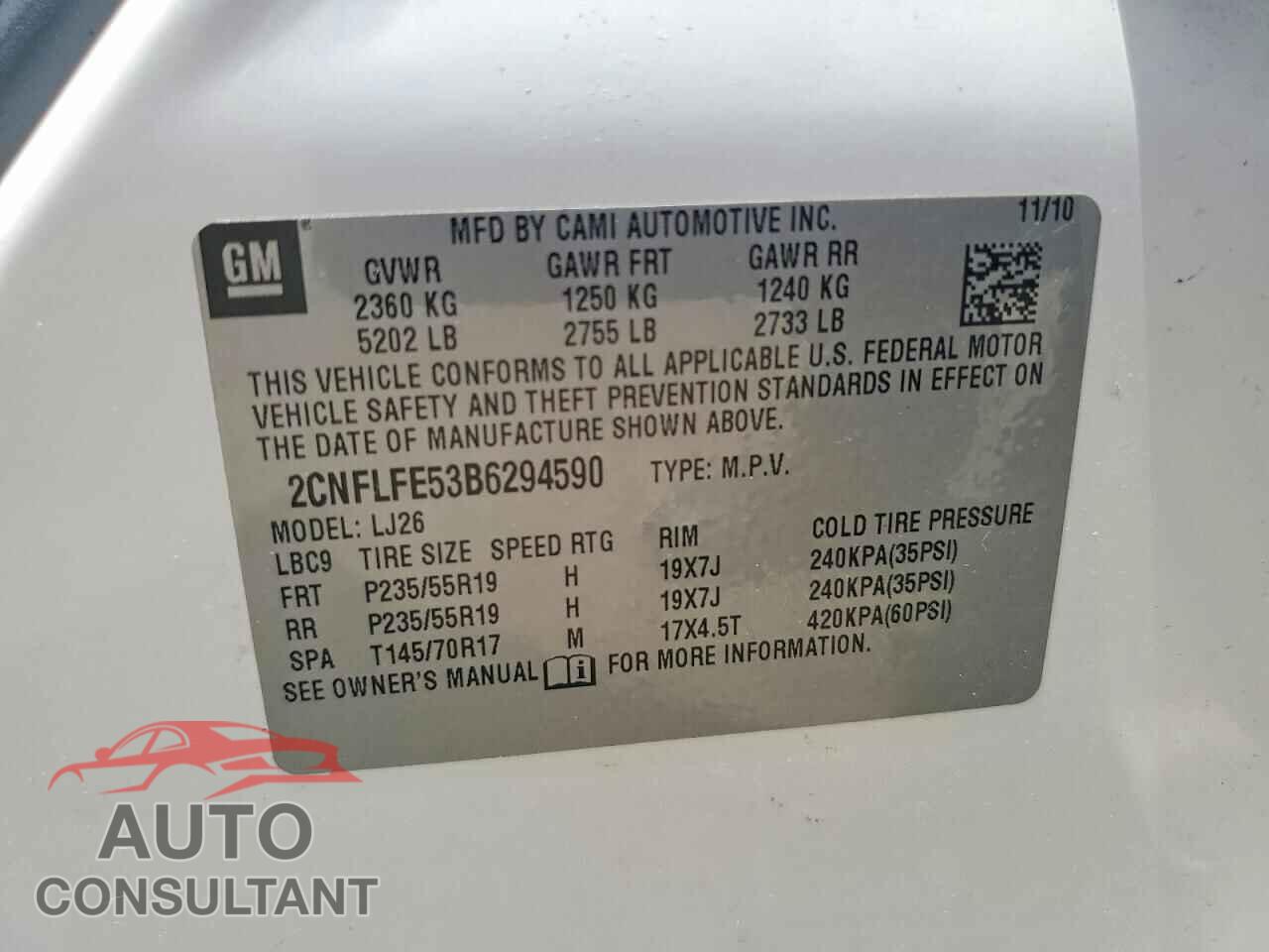 CHEVROLET EQUINOX 2011 - 2CNFLFE53B6294590