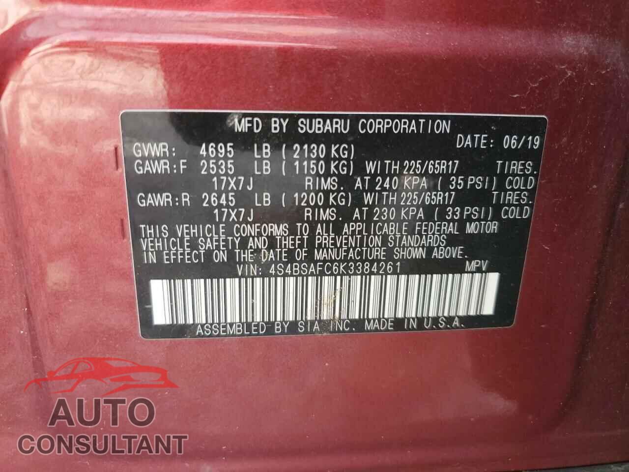SUBARU OUTBACK 2019 - 4S4BSAFC6K3384261