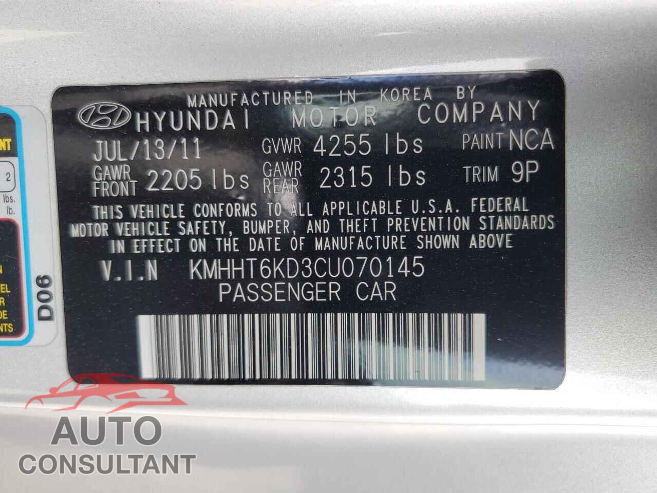 HYUNDAI GENESIS 2012 - KMHHT6KD3CU070145