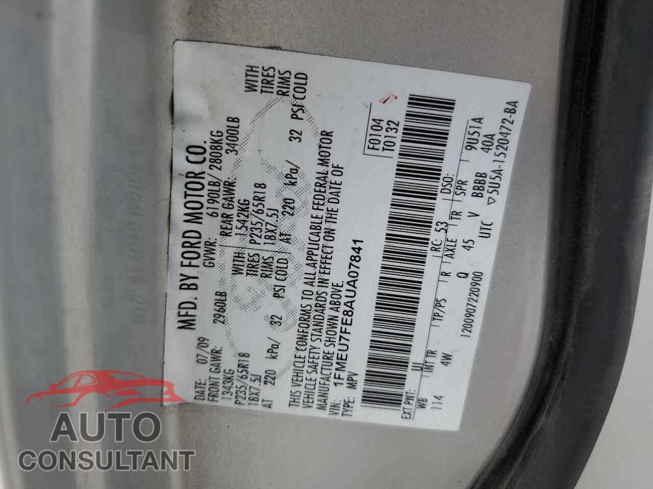 FORD EXPLORER 2010 - 1FMEU7FE8AUA07841
