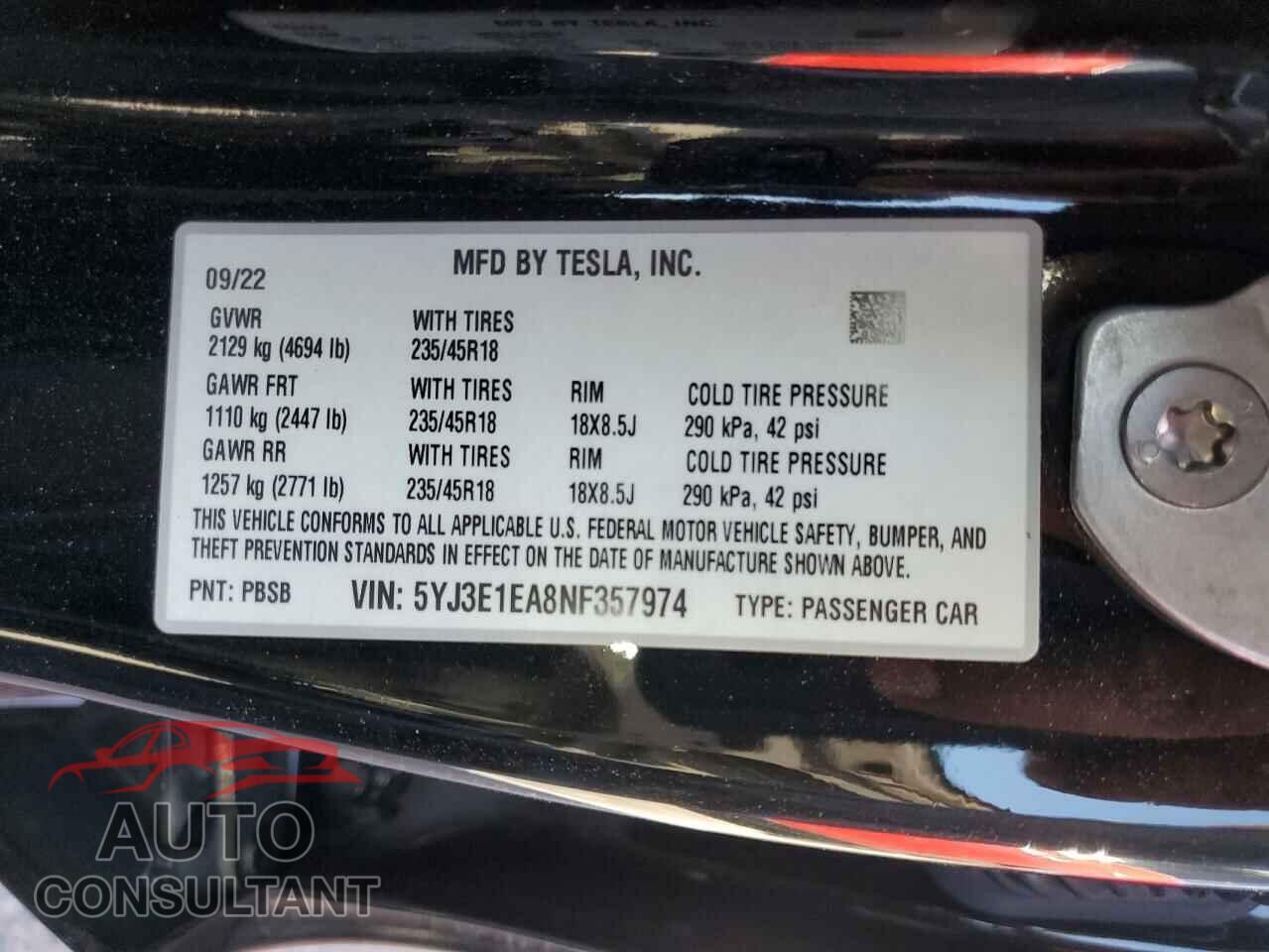 TESLA MODEL 3 2022 - 5YJ3E1EA8NF357974