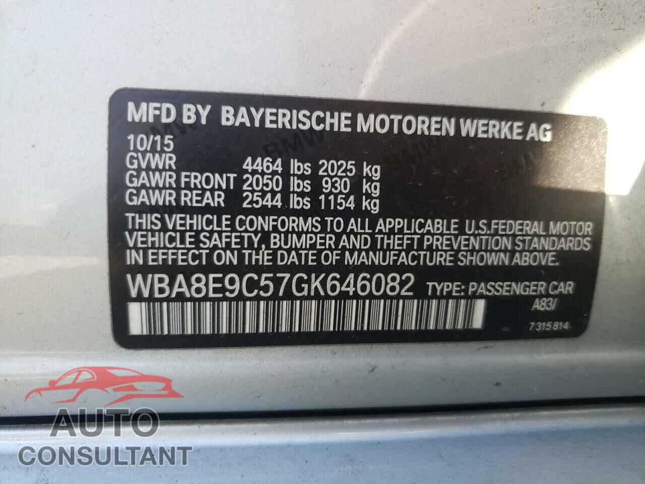 BMW 3 SERIES 2016 - WBA8E9C57GK646082
