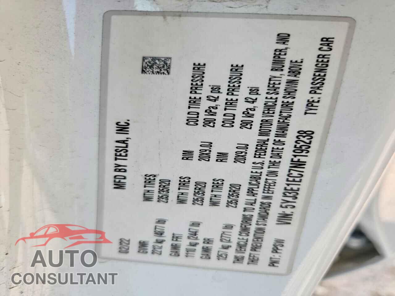 TESLA MODEL 3 2022 - 5YJ3E1EC7NF195238