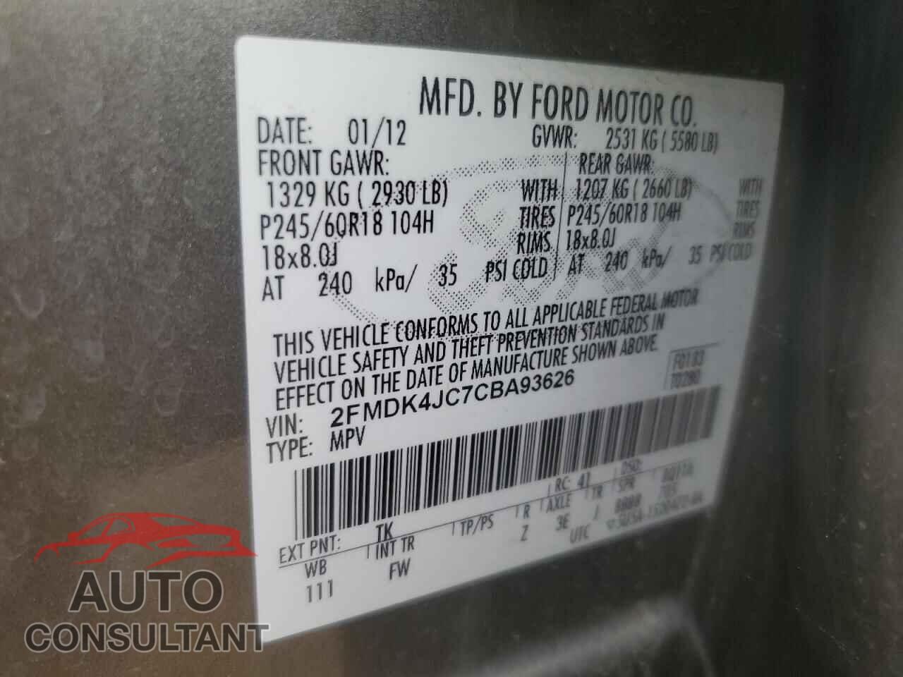 FORD EDGE 2012 - 2FMDK4JC7CBA93626