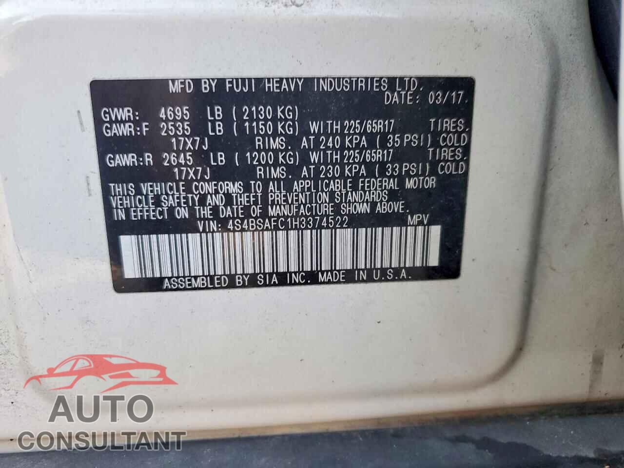 SUBARU OUTBACK 2017 - 4S4BSAFC1H3374522