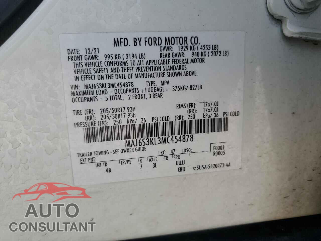 FORD ECOSPORT 2021 - MAJ6S3KL3MC454878