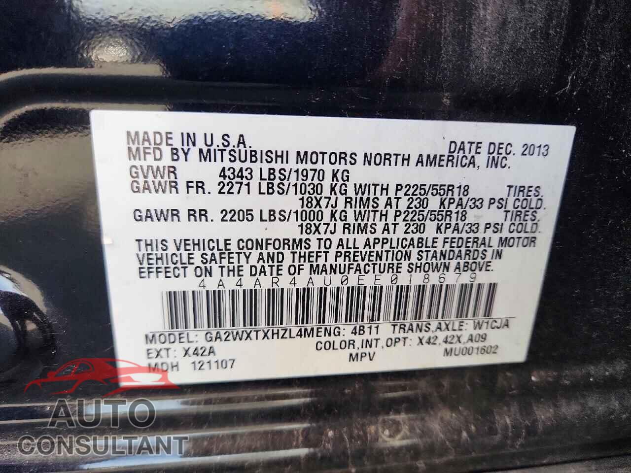 MITSUBISHI OUTLANDER 2014 - 4A4AR4AU0EE018679