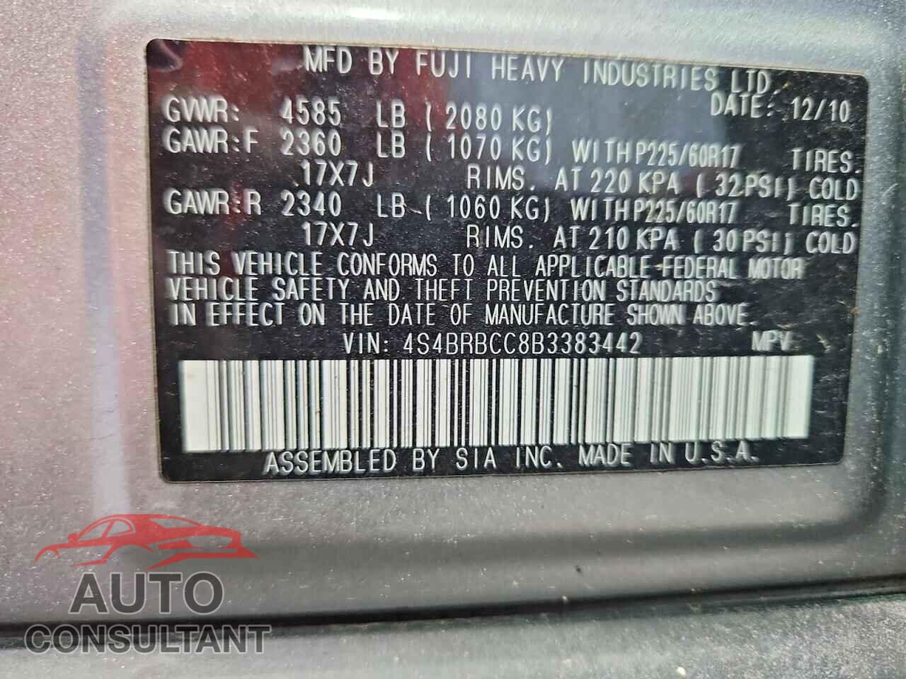 SUBARU OUTBACK 2011 - 4S4BRBCC8B3383442