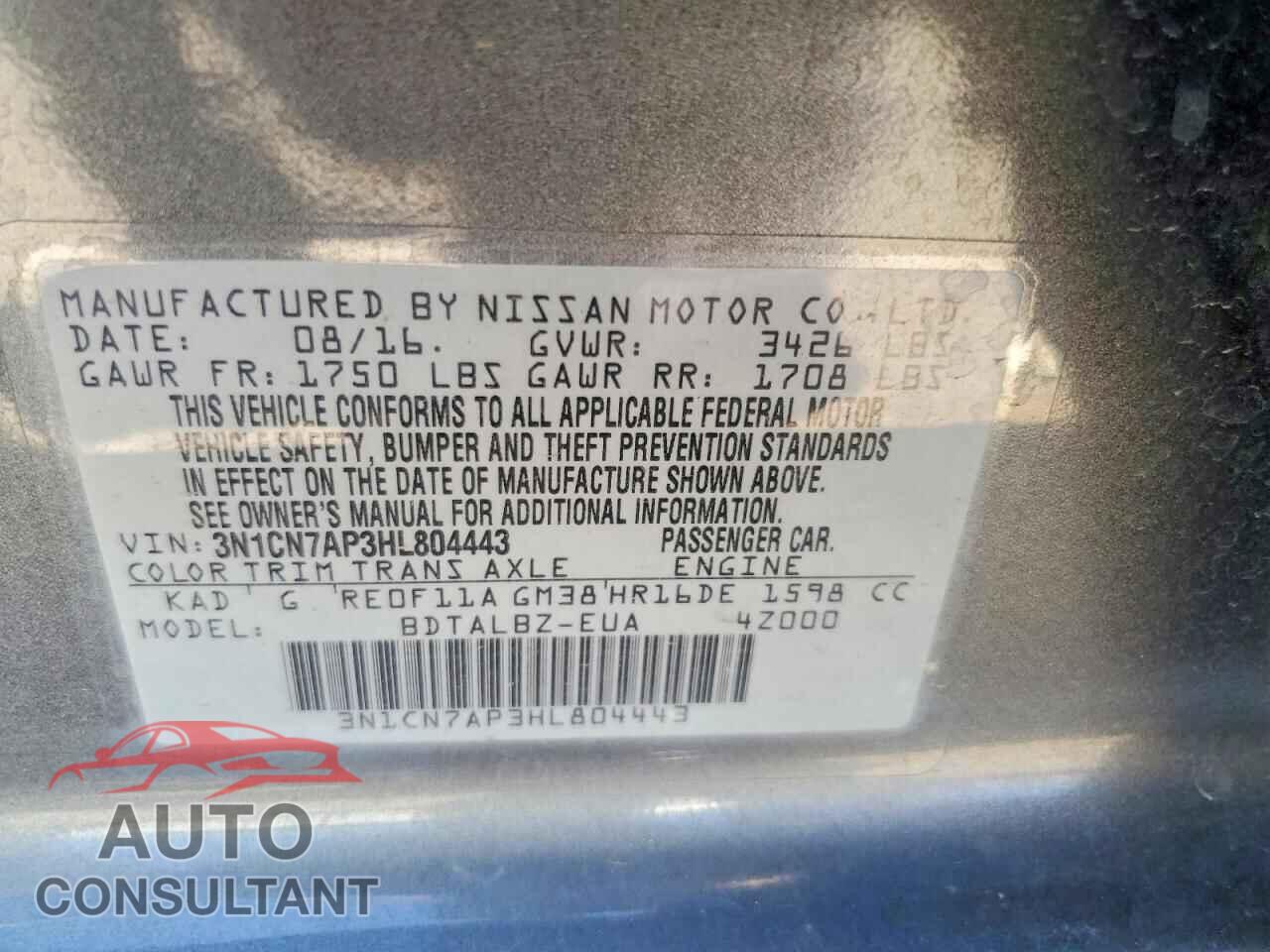 NISSAN VERSA 2017 - 3N1CN7AP3HL804443