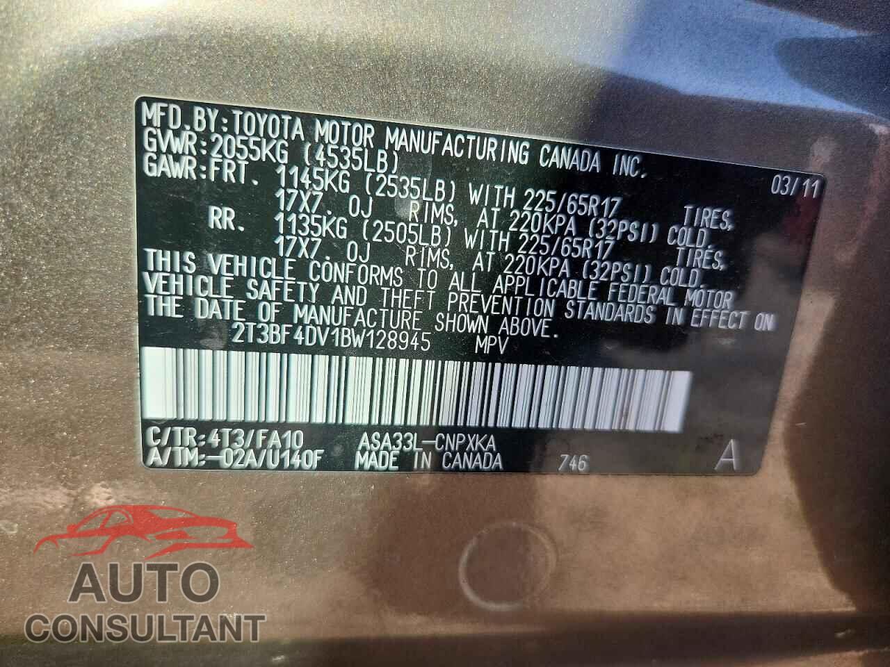 TOYOTA RAV4 2011 - 2T3BF4DV1BW128945