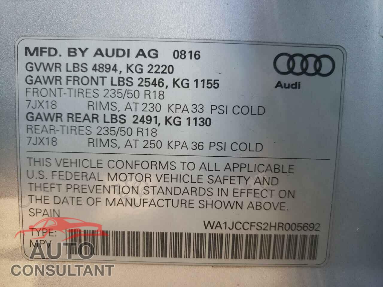 AUDI Q3 2017 - WA1JCCFS2HR005692