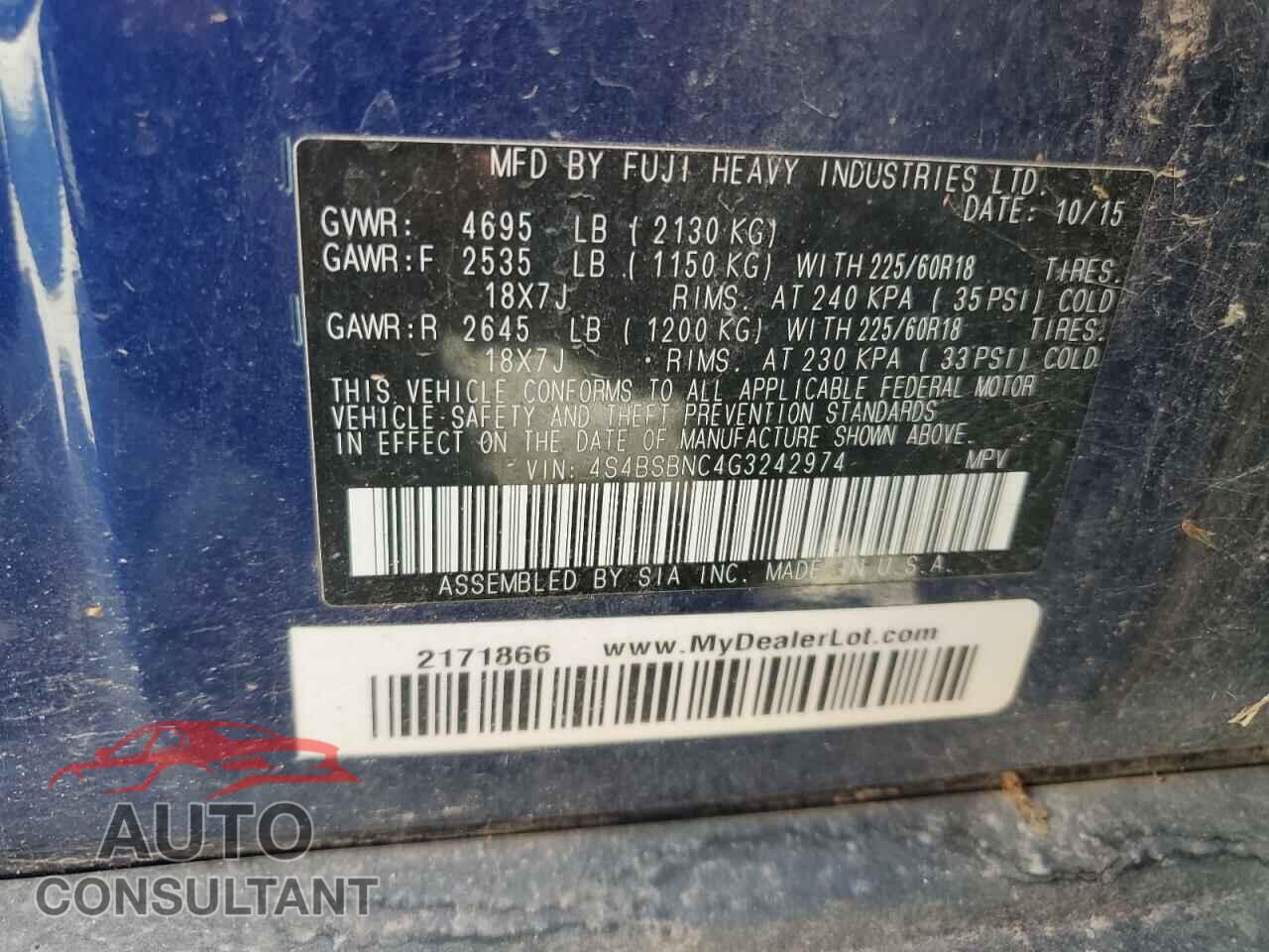SUBARU OUTBACK 2016 - 4S4BSBNC4G3242974