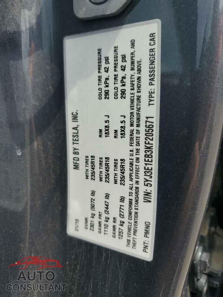 TESLA MODEL 3 2019 - 5YJ3E1EB3KF205671