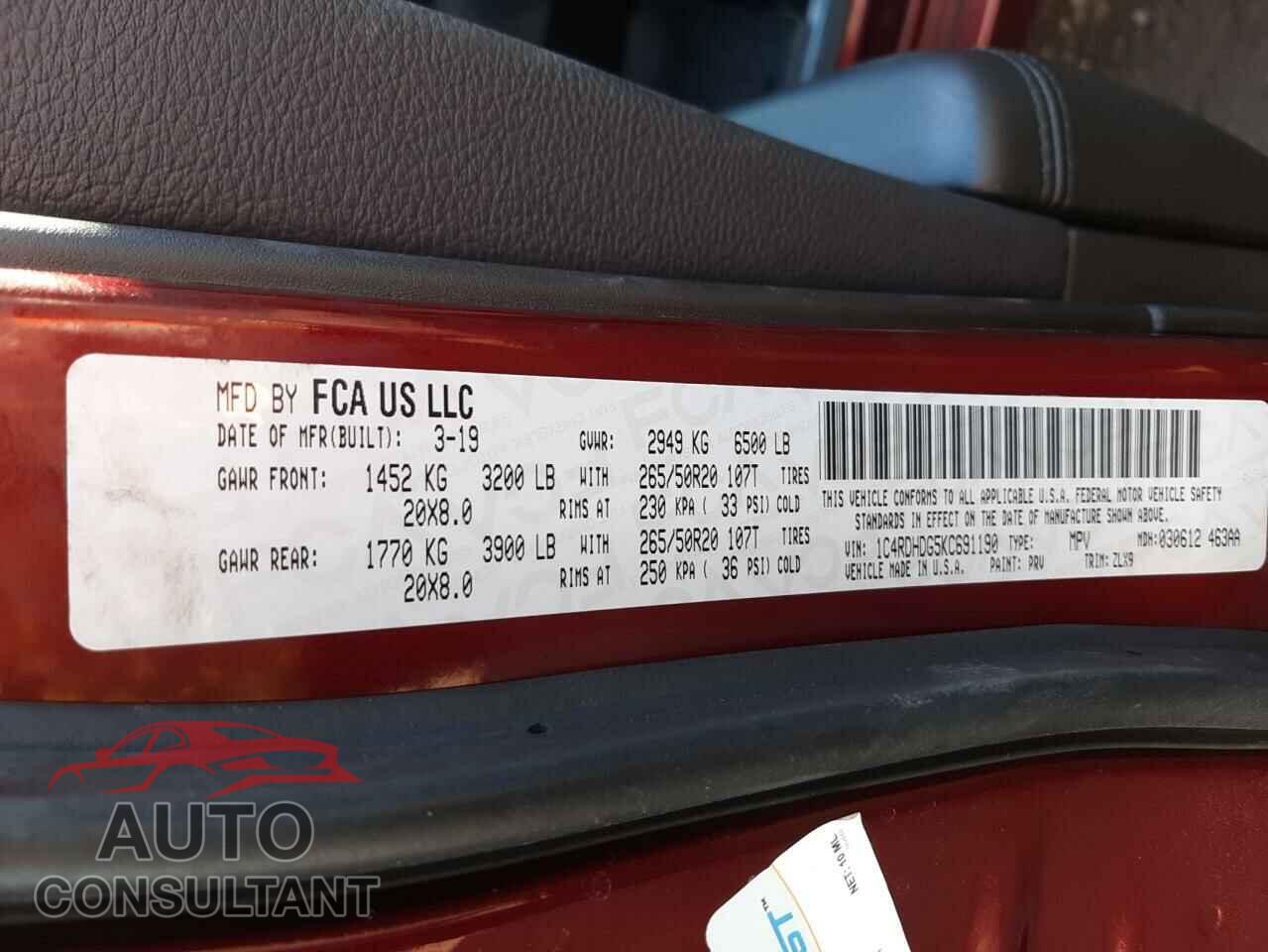 DODGE DURANGO 2019 - 1C4RDHDG5KC691190