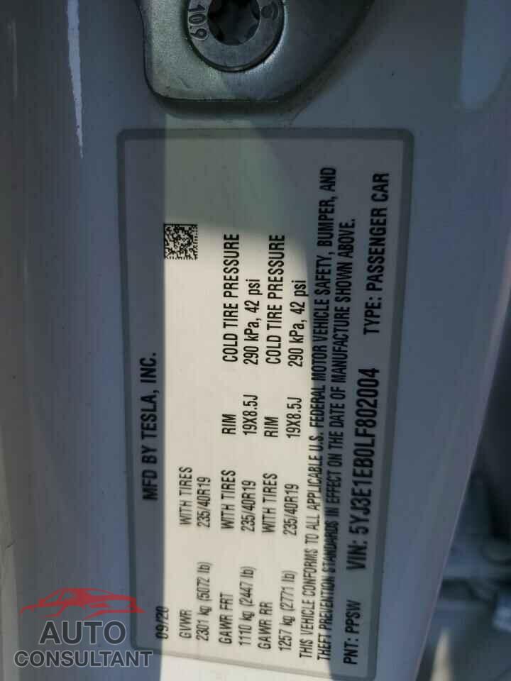 TESLA MODEL 3 2020 - 5YJ3E1EB0LF802004