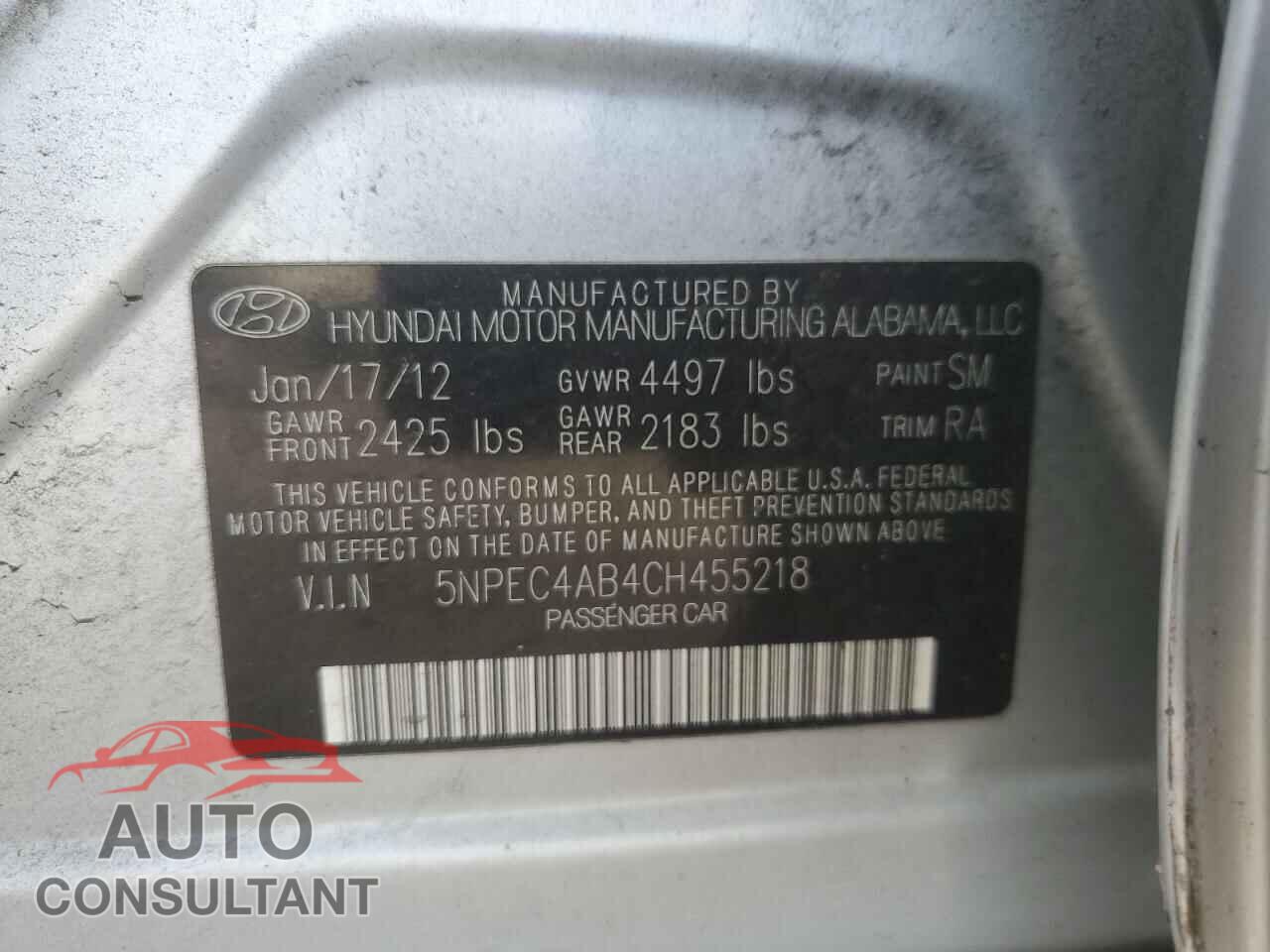 HYUNDAI SONATA 2012 - 5NPEC4AB4CH455218