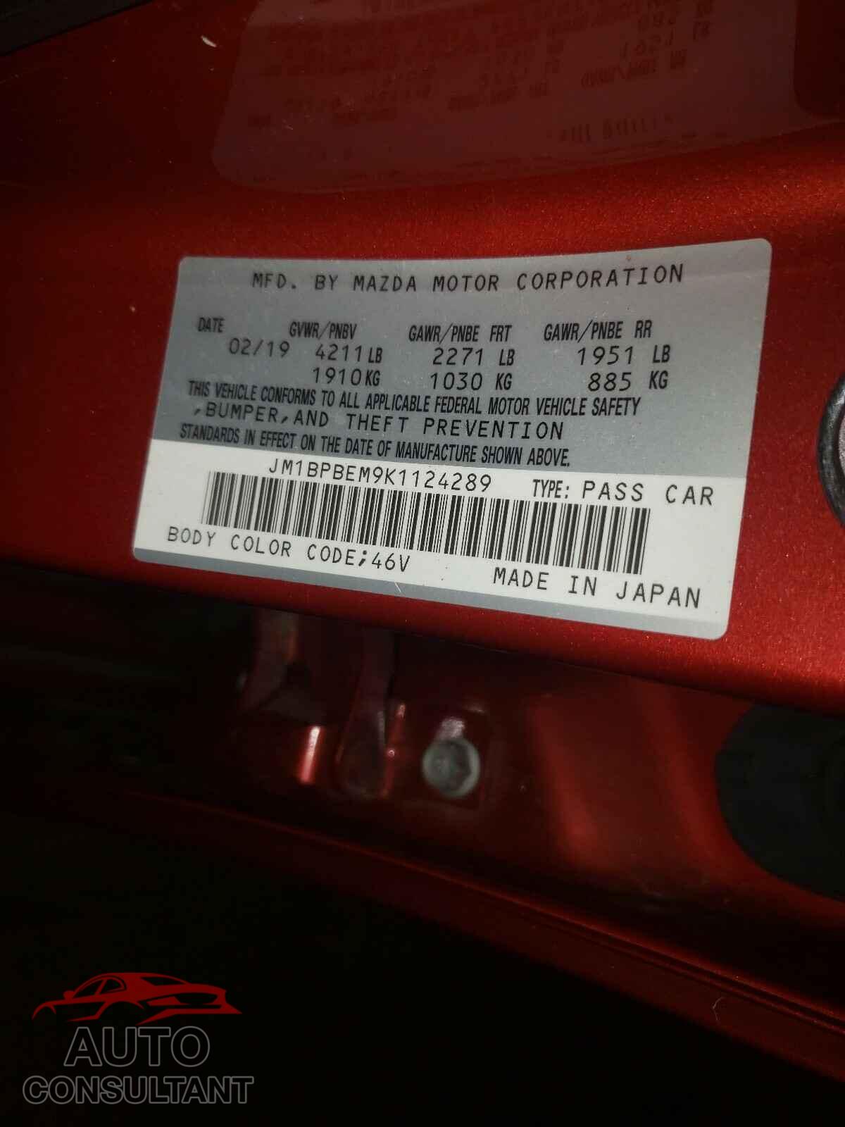 MAZDA 3 2019 - JM1BPBEM9K1124289