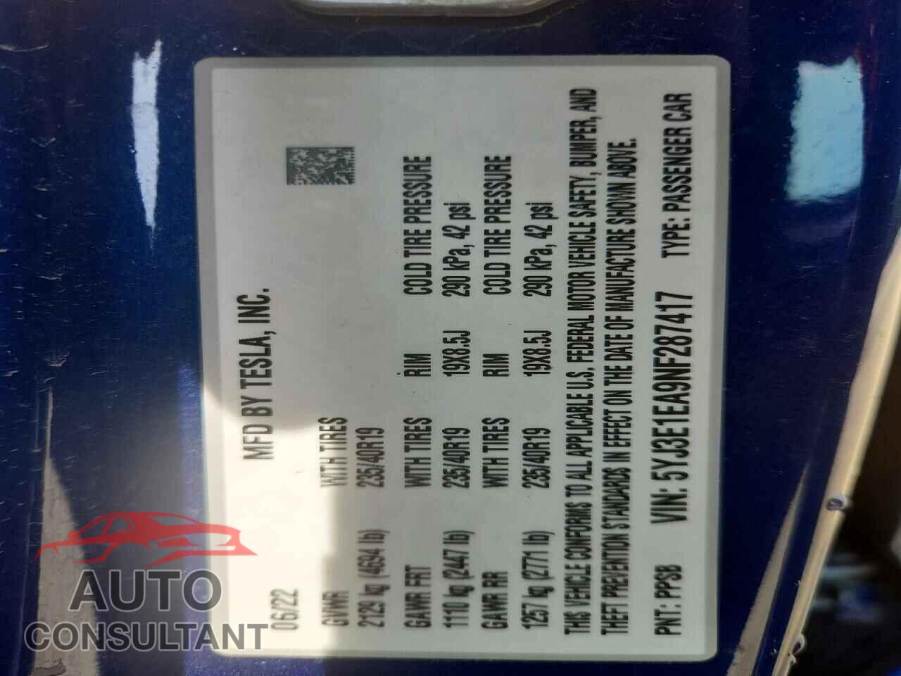 TESLA MODEL 3 2022 - 5YJ3E1EA9NF287417