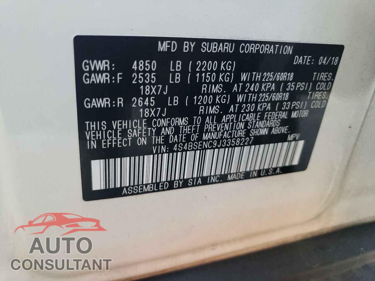SUBARU OUTBACK 2018 - 4S4BSENC9J3358227