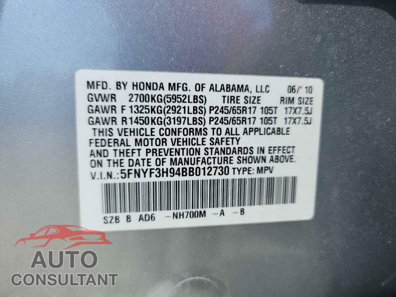 HONDA PILOT 2011 - 5FNYF3H94BB012730