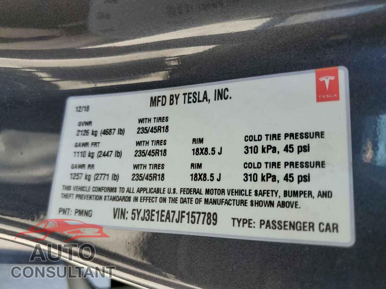 TESLA MODEL 3 2018 - 5YJ3E1EA7JF157789
