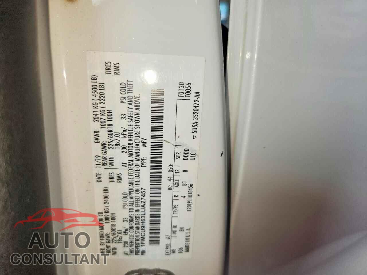 FORD ESCAPE 2020 - 1FMCU9H63LUA27457