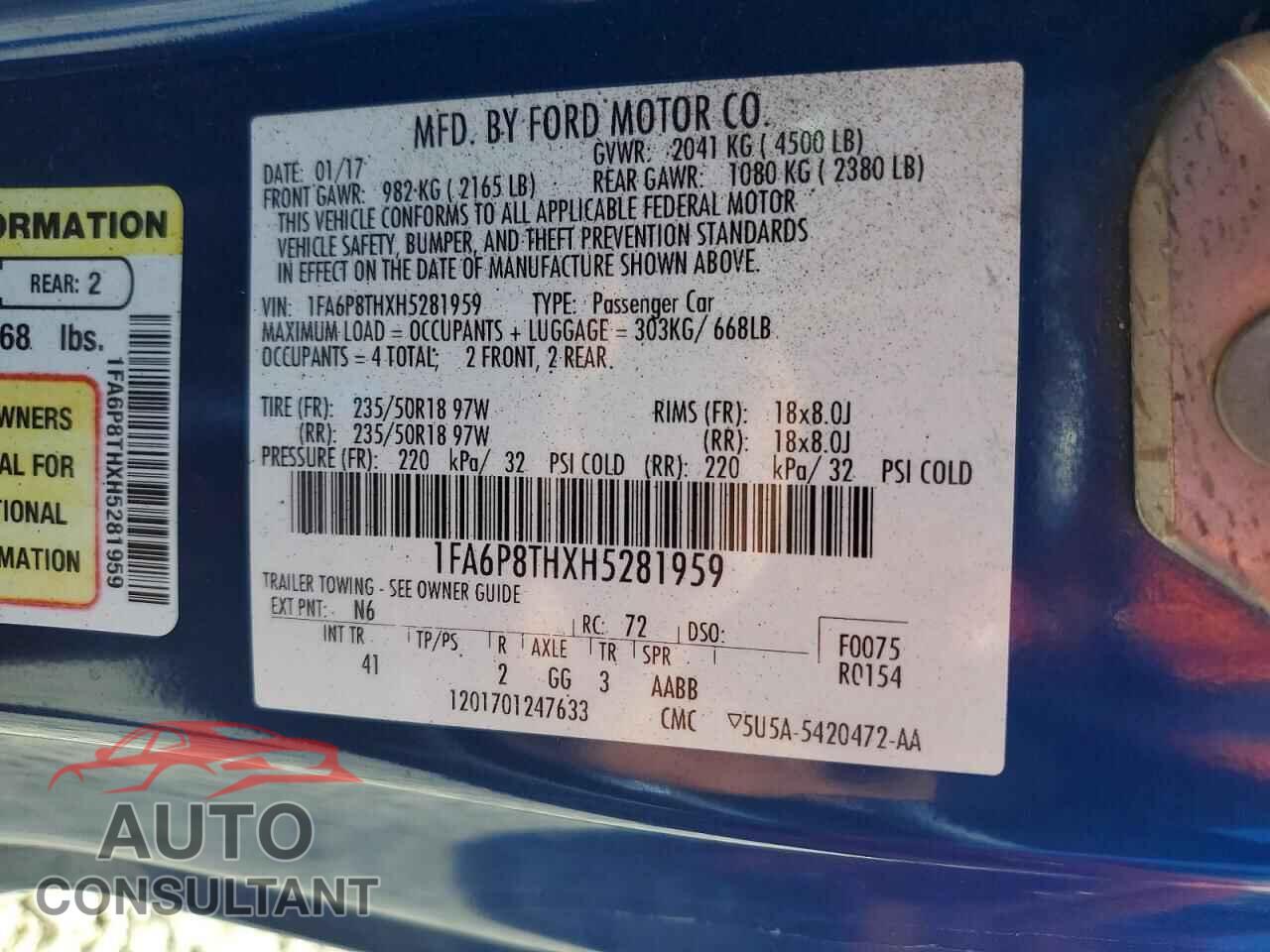FORD MUSTANG 2017 - 1FA6P8THXH5281959