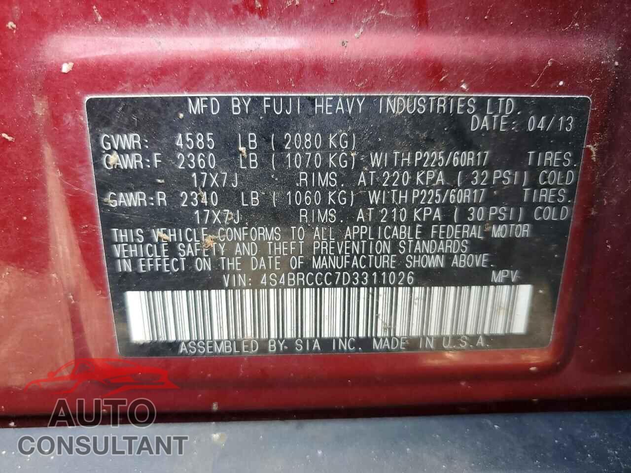 SUBARU OUTBACK 2013 - 4S4BRCCC7D3311026