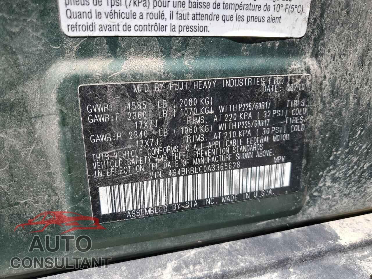 SUBARU OUTBACK 2010 - 4S4BRBLC0A3365628