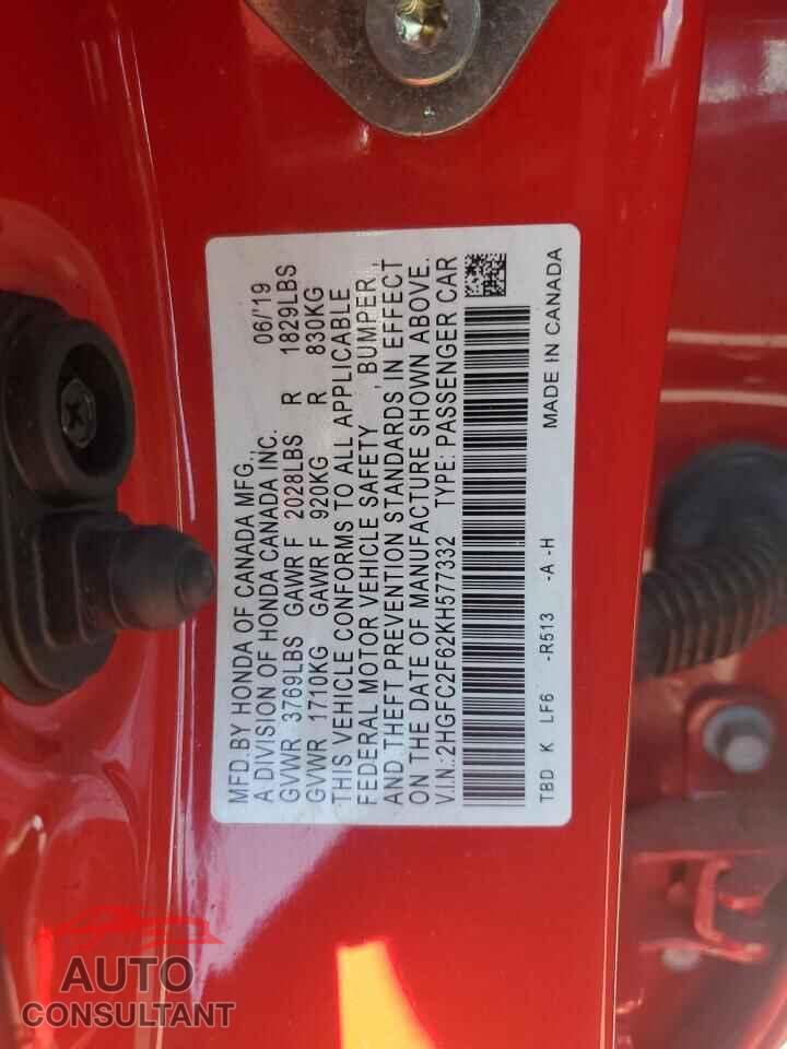 HONDA CIVIC 2019 - 2HGFC2F62KH577332