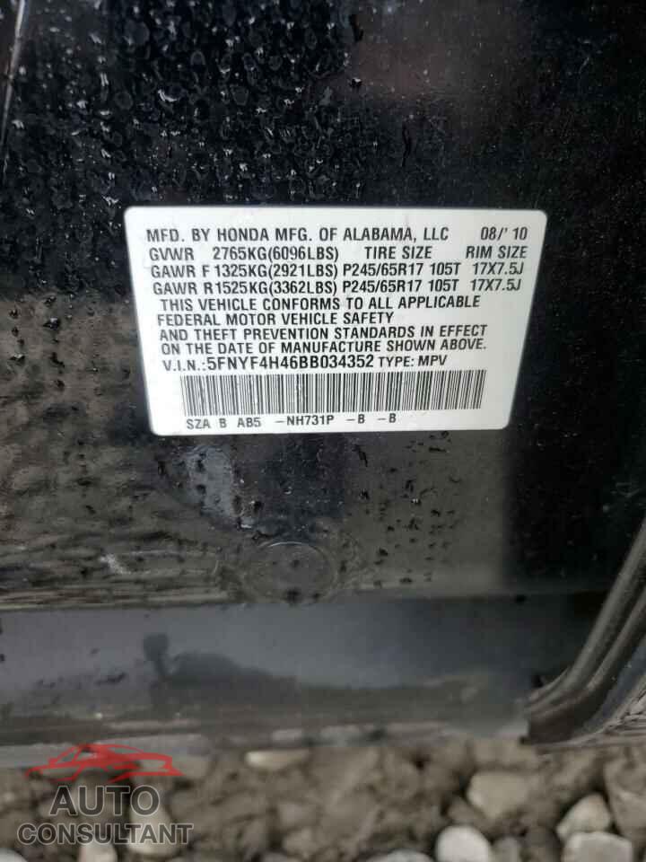 HONDA PILOT 2011 - 5FNYF4H46BB034352